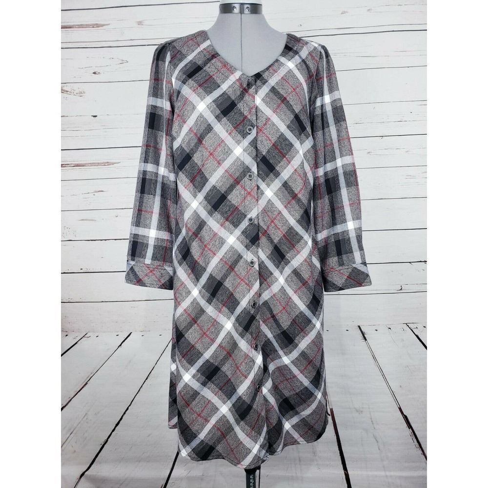 Chadwicks Of Boston Size 8 Plaid Shift‎ Shirt Dress Button Down Tan Red Black